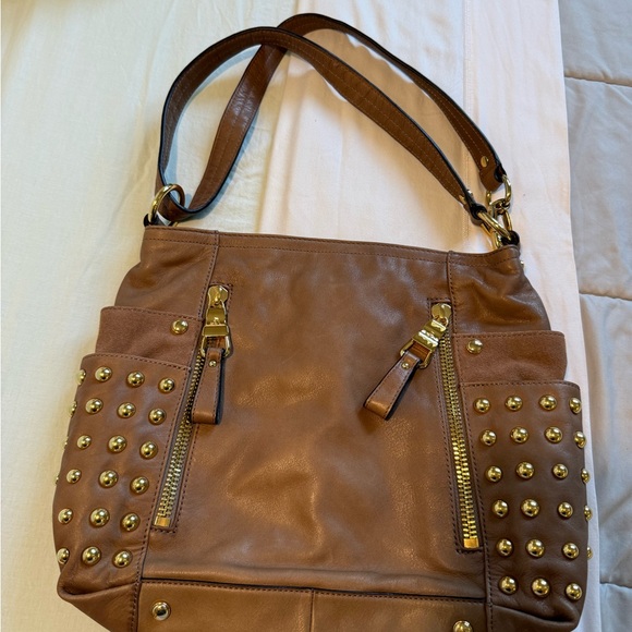 Like NEW B. Makowsky Brown Studded Leather Shoulder Bag (TOFFEE COLOR) - Picture 1 of 7